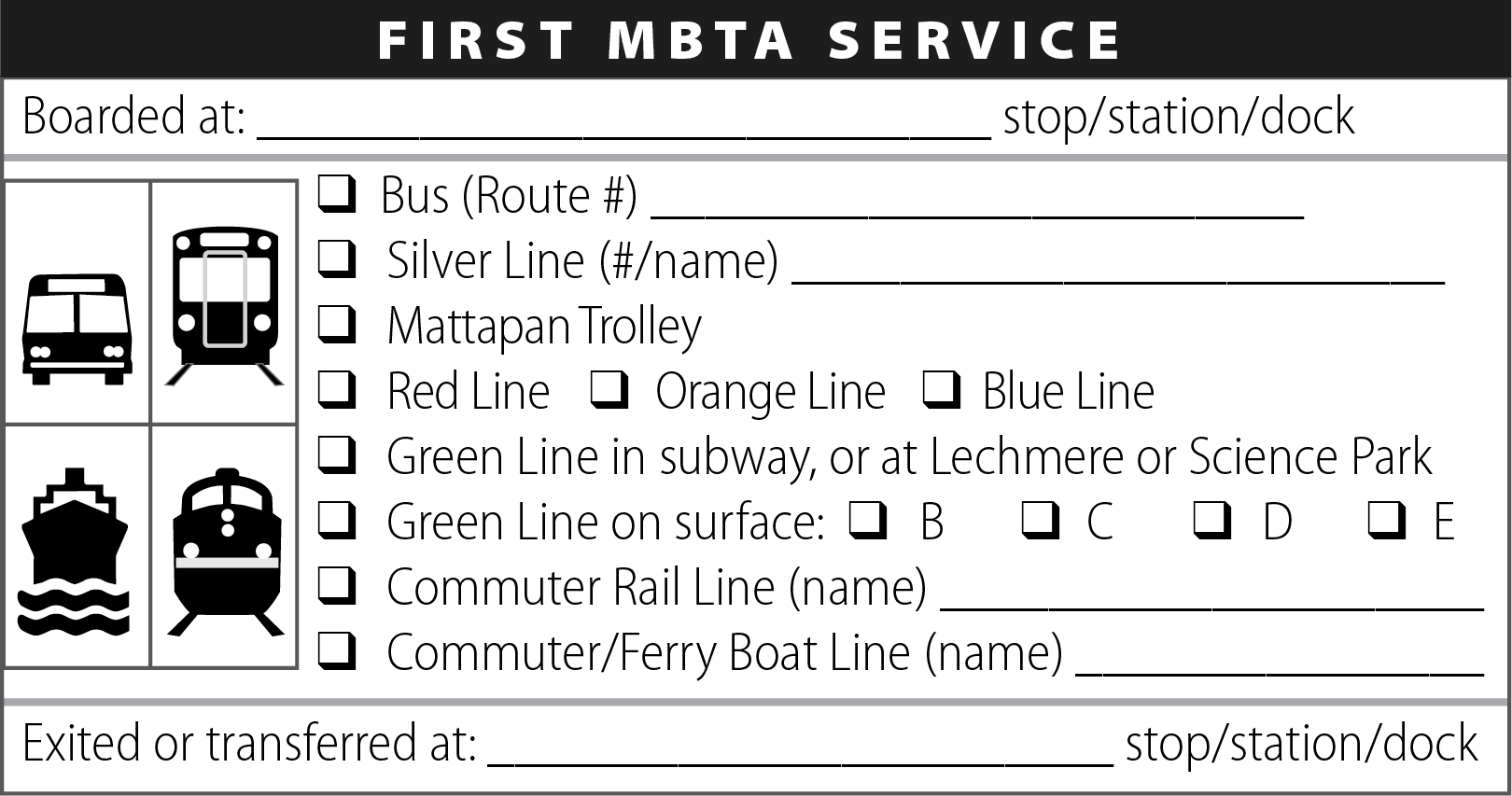 Figure 7 is an image of the section of the survey form that asked which MBTA service and boarding location the survey respondent used first in the trip being described